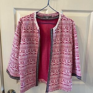 Valerie Stevens Pink and White Aztec Patterned Open Jacket Cardigan, Size Small